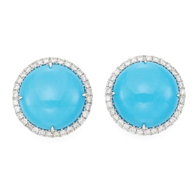 Lot 881 - Pair of White Gold, Turquoise and Diamond Earrings