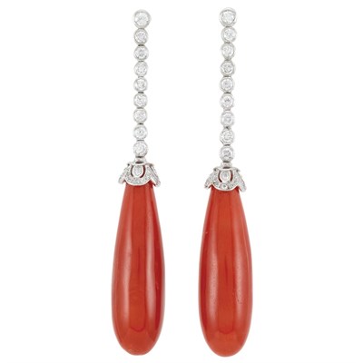 Lot 868 - Pair of White Gold, Diamond and Coral Pendant-Earrings