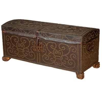 Lot 142 - Spanish Leather Chest With scrolled nailhead...