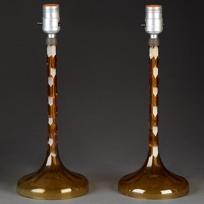 Lot 389 - Pair of Yellow Glass Candlestick Lamps Height...