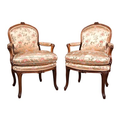 Lot 216 - Pair of Louis XV Walnut Fauteuils en Cabriolet...