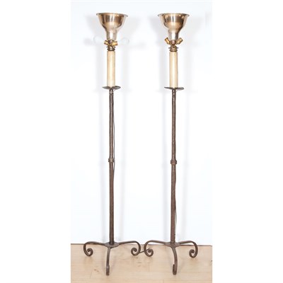 Lot 181 - Pair of Continetal Iron Torcheres Raised on...