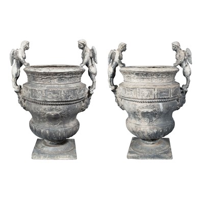 Lot 466 - Pair of Lead Garden Urns Each with winged...
