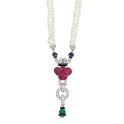 Lot 413 - Art Deco Double Strand Natural and Cultured Pearl, Platinum, Diamond, Sapphire, Emerald Bead, Carved Ruby and Black Enamel Pendant-Necklace