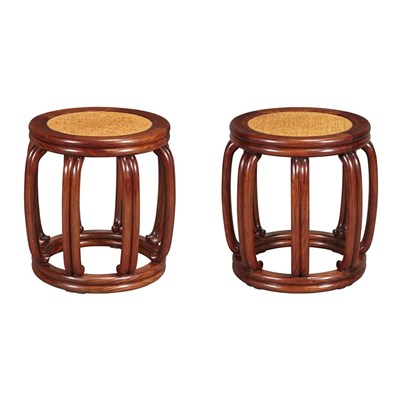 Lot 127 - Pair of Chinese Huanghuali Stools Each barrel...