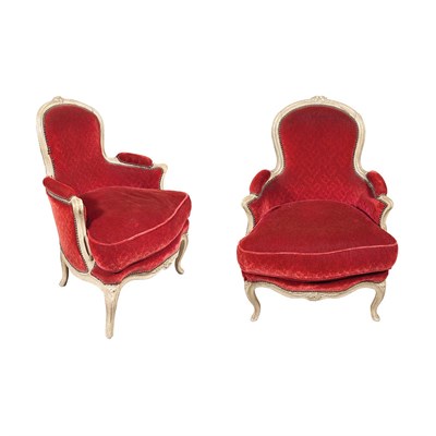 Lot 150 - Pair of Louis XV Gray Painted Bergeres en...