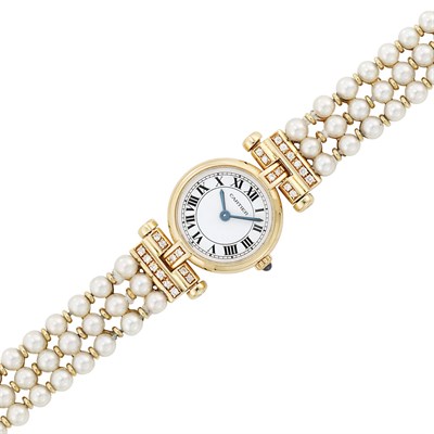 Lot 205 - Triple Strand Cultured Pearl, Gold and Diamond Wristwatch, Cartier, Paris
