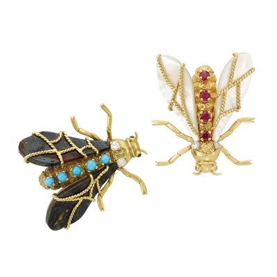 Lot 294 - Pair of Gold, Agate, Mother-of-Pearl, Diamond, Ruby and Turquoise Insect Pins, Chaumet, Paris