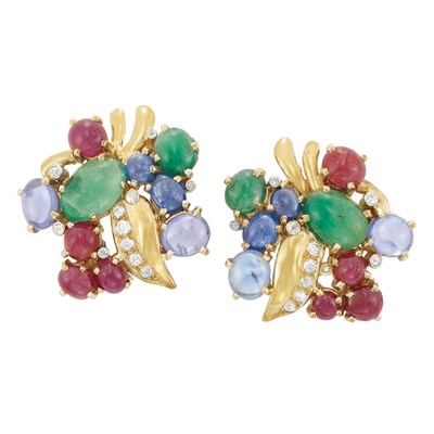 Lot 147 - Pair of Gold, Cabochon Colored Stone and Diamond Clip-Brooches, Seaman Schepps