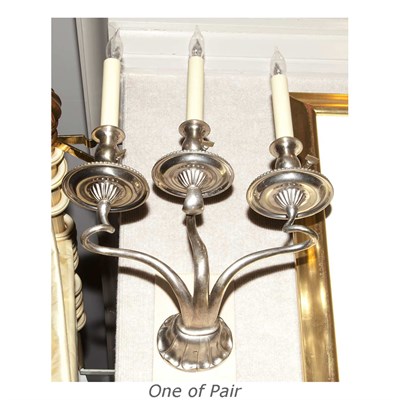 Lot 567 - Pair of Silvered Metal Three-Light Sconces...