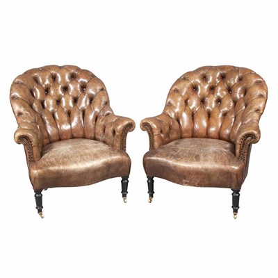 Lot 504 - Pair of William IV Style Tufted Leather Armchairs