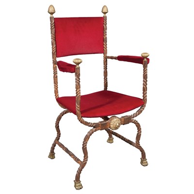 Lot 203 - Red Velvet Upholstered Wrought Iron and Brass...