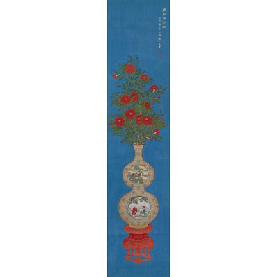 Lot 287 - Chinese School Hanging scroll, red flowers in...