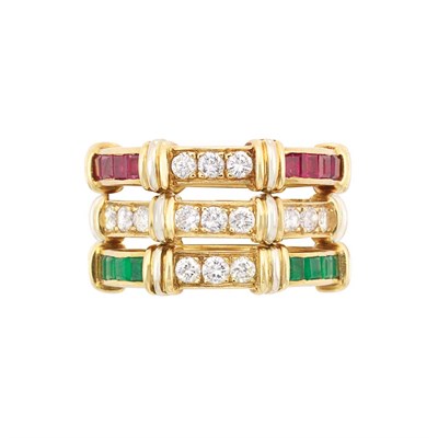 Lot 281 - Gold and Diamond 'Contessa' Band Ring and Pair of Gold, Diamond and Gem-Set Band Rings, Cartier