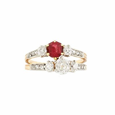 Lot 543 - Antique Gold, Platinum, Diamond and Red Spinel Double Band Ring, T. B. Starr