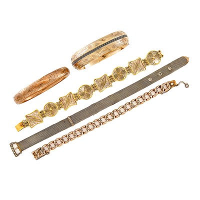 Lot 2100 - Group of Low Karat Gold and Metal Bracelets