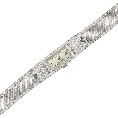 Lot 324 - Platinum, Diamond and Sapphire Mesh Wristwatch