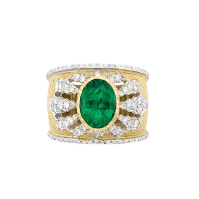 Lot 21 - Wide Two-Color Gold, Emerald and Diamond Ring, Mario Buccellati