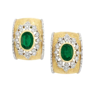 Lot 361 - Pair of Two-Color Gold, Emerald and Diamond Earclips, Mario Buccellati