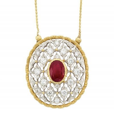 Lot 362 - Two-Color Gold, Ruby and Diamond Pendant-Necklace, Mario Buccellati