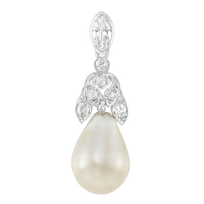 Lot 406 - Platinum, Diamond and Natural Pearl Pendant