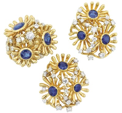 Lot 269 - Pair of Gold, Platinum, Sapphire and Diamond Earclips, Van Cleef & Arpels, and Ring