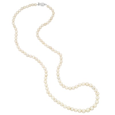 Lot 440 - Natural Pearl Necklace with Platinum and Diamond Clasp