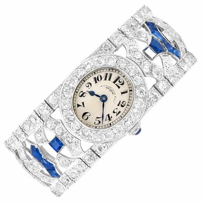 Lot 414 - Platinum, Diamond and Sapphire Bracelet-Watch, Patek Philippe & Co.
