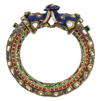 Lot 55 - Indian Gold, Enamel and Foiled-Back Diamond Elephant Head Bangle Bracelet