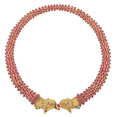 Lot 54 - Indian Gold and Foiled-Back Cabochon Ruby, Emerald and Diamond Elephant Head Necklace
