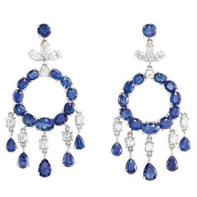 Lot 240 - Pair of Platinum, Diamond and Sapphire Pendant-Earrings