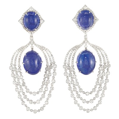 Lot 83 - Pair of White Gold, Cabochon Tanzanite and Diamond Pendant-Earrings