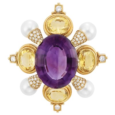 Lot 203 - Gold, Amethyst, Citrine, Diamond and Cultured Pearl Clip-Brooch