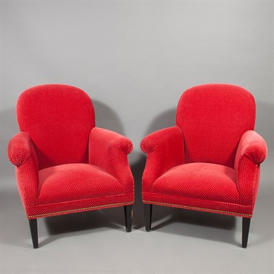 Lot 218 - Pair of Upholstered Black Painted Armchairs