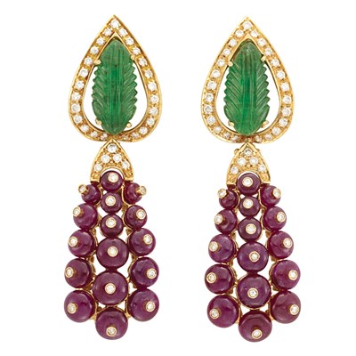 Lot 272 - Pair of Gold, Carved Emerald, Ruby Bead and Diamond Pendant-Earrings