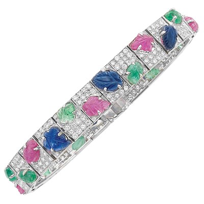 Lot 408 - White Gold, Diamond and Carved Colored Stone Bracelet