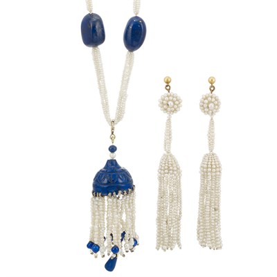 Lot 103 - Five Strand Seed Pearl and Lapis Bead Sautoir and Pair of Seed Pearl Fringe Earclips