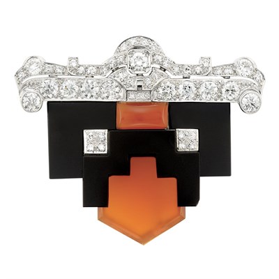 Lot 117 - Art Deco Platinum, Black Onyx, Carnelian and Diamond Clip-Brooch