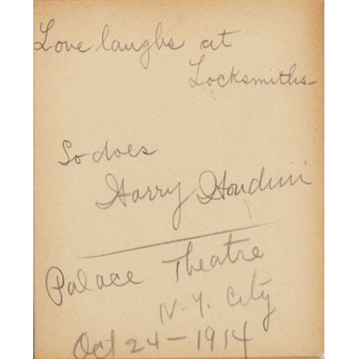 Lot 72 - HOUDINI, HARRY Autograph sentiment signed,...