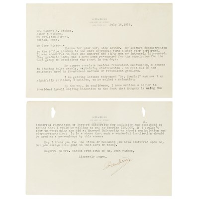 Lot 73 - HOUDINI, HARRY Two page typed letter signed,...