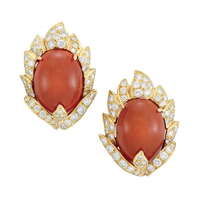 Lot 19 - Pair of Gold, Oxblood Coral and Diamond Earclips, Vourakis