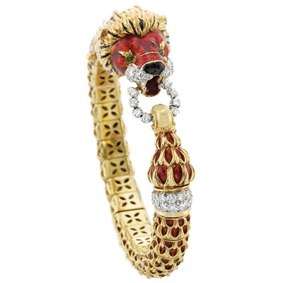 Lot 15 - Gold, Red Enamel and Diamond Lion Head Bangle Bracelet, Kutchinsky