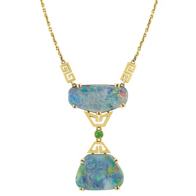 Lot 314 - Arts and Crafts Gold, Black Opal and Demantoid Garnet Pendant-Necklace, Tiffany & Co.