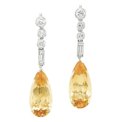 Lot 423 - Pair of White Gold, Diamond and Topaz Pendant-Earrings