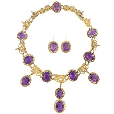 Lot 111 - Antique Gold and Amethyst Pendant-Necklace and Pair of Earrings